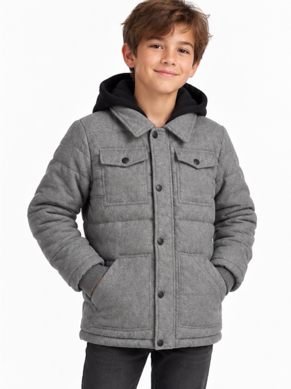 Urban Republic Boys L 14/16 Gray Hooded Puffer Shirt Jacket Shacket NWOT